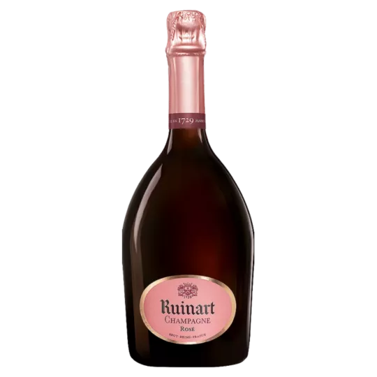 Ruinart Brut Rosé Champagnerflasche - korallenrotes Kleid, emblematisches Etikett