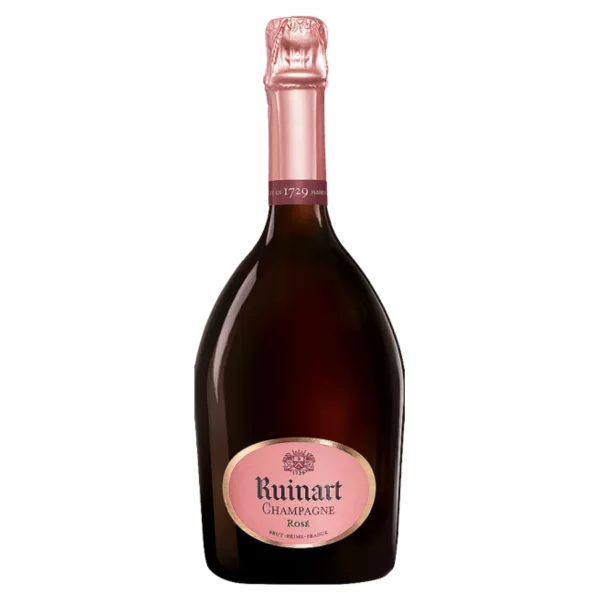 Ruinart Brut Rosé Champagnerflasche - korallenrotes Kleid, emblematisches Etikett