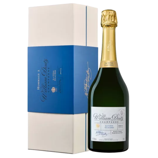 Champagnerflasche Deutz La Côte Glacière 2015, von vorne gesehen, weißes Etikett, goldene Kapsel
