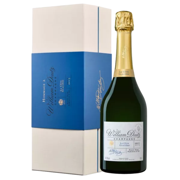 Champagnerflasche Deutz La Côte Glacière 2015, von vorne gesehen, weißes Etikett, goldene Kapsel