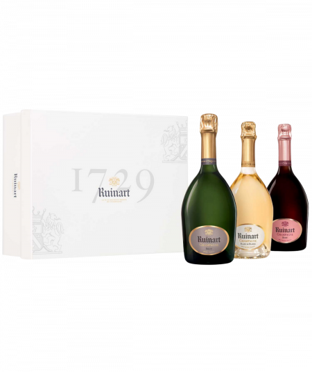 RUINART Champagner Geschenkset 3 Flaschen, “R” de Ruinart, Blanc De Blancs, Brut Rosé
