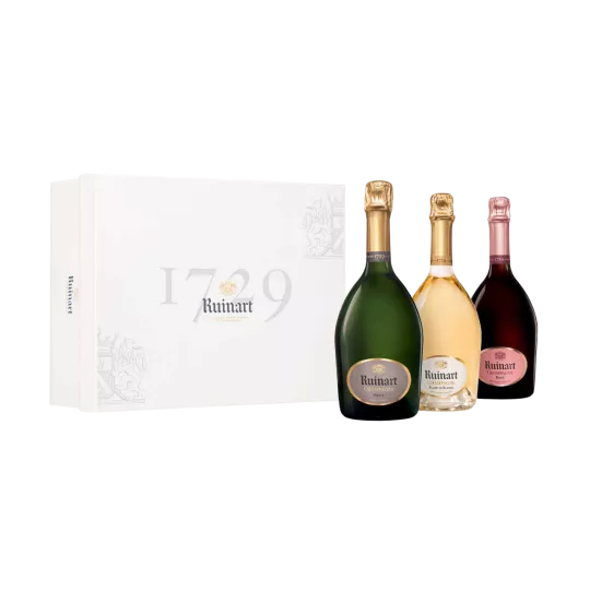 RUINART Champagner Geschenkset 3 Flaschen, “R” de Ruinart, Blanc De Blancs, Brut Rosé