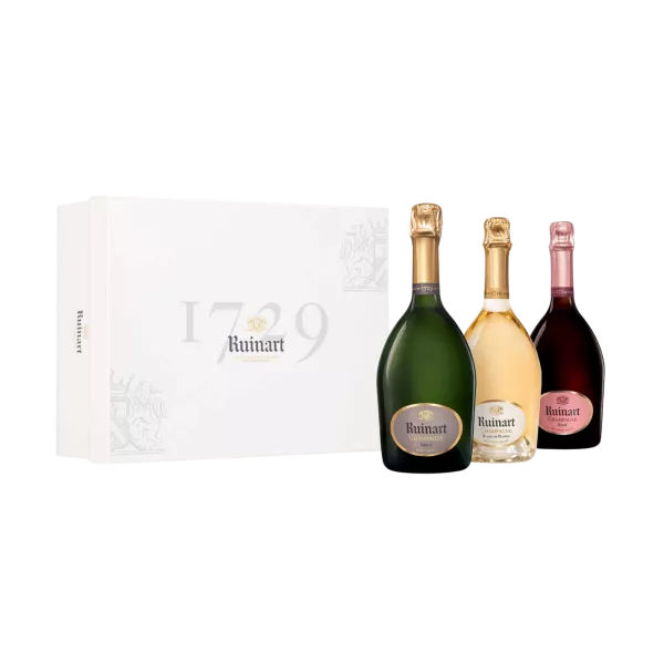RUINART Champagner Geschenkset 3 Flaschen, “R” de Ruinart, Blanc De Blancs, Brut Rosé