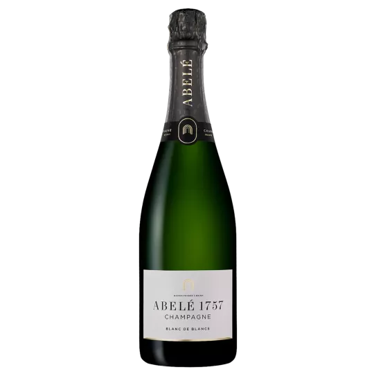Champagnerflasche Abelé 1757 Blanc de Blancs Brut, Vorderansicht, weißes und schwarzes Etikett auf goldenem Hintergrund