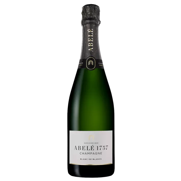 Champagnerflasche Abelé 1757 Blanc de Blancs Brut, Vorderansicht, weißes und schwarzes Etikett auf goldenem Hintergrund