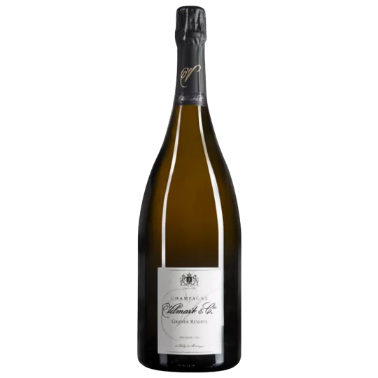 Champagne Vilmart Grande Réserve Premier Cru Flasche, schwarze Kapsel, weißes Etikett, stehend präsentiert