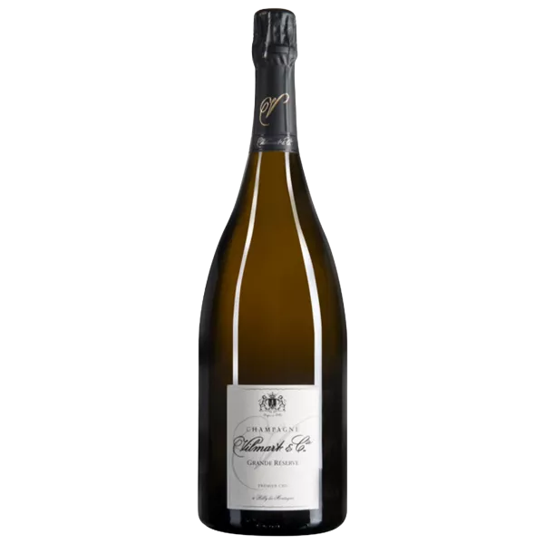 Champagne Vilmart Grande Réserve Premier Cru Flasche, schwarze Kapsel, weißes Etikett, stehend präsentiert