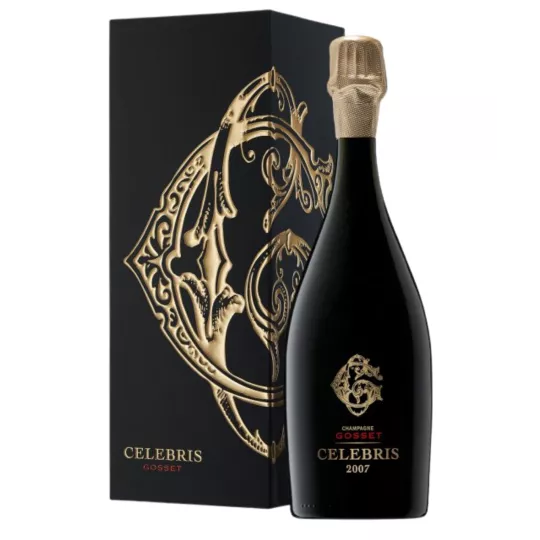 Champagnerflasche Gosset Célébris Jahrgang 2008 Brut, von vorne gesehen, schwarzes und goldenes Etikett