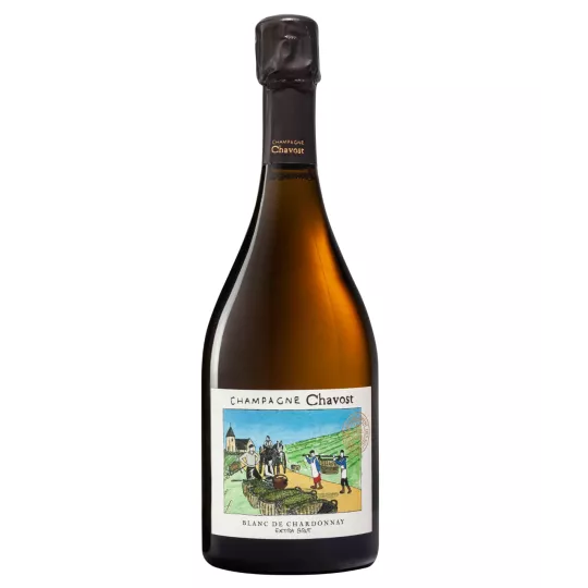 Flasche Chavost Blanc de Chardonnay Extra-Brut Champagner, 100 % Chardonnay ohne Sulfite, natürlich gekeltert.