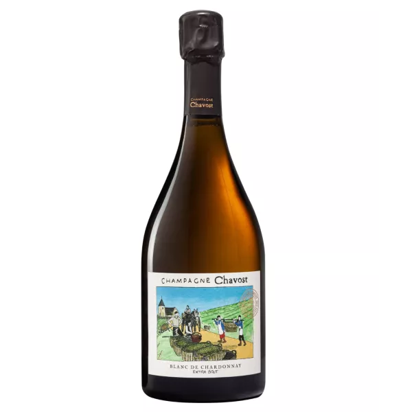 Flasche Chavost Blanc de Chardonnay Extra-Brut Champagner, 100 % Chardonnay ohne Sulfite, natürlich gekeltert.