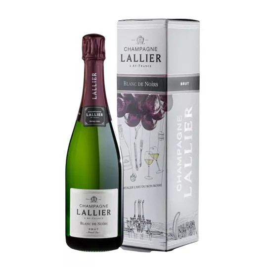 Flasche Champagne Lallier Blanc de Noirs Brut Grand Cru 75cl, weißes Etikett, mit illustriertem Etui.