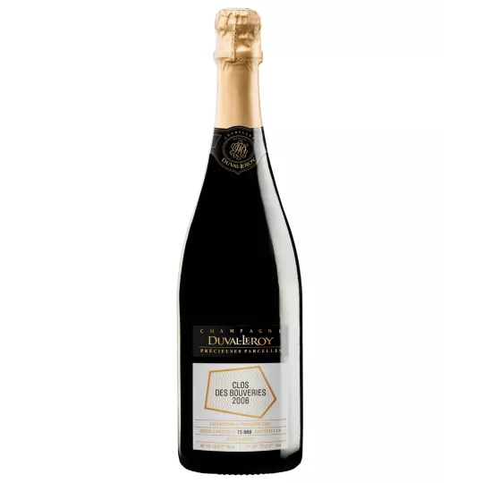 Champagnerflasche Duval-Leroy Clos des Bouveries 2006, schwarzes und goldenes Etikett, Vorderansicht