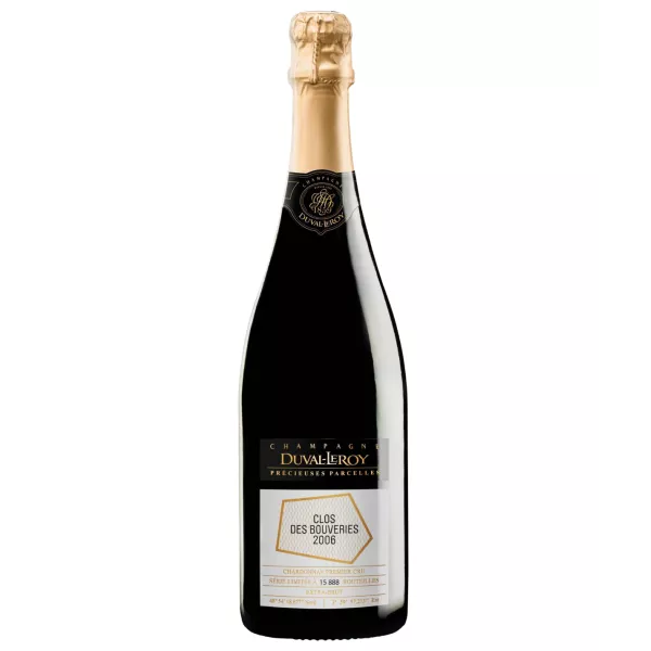 Champagnerflasche Duval-Leroy Clos des Bouveries 2006, schwarzes und goldenes Etikett, Vorderansicht