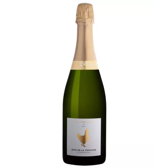 Champagne Jean de la Fontaine L'éloquente Brut Flasche, 75cl, goldene Kapsel, weißes Etikett mit goldenem Hahn, Vorderansicht
