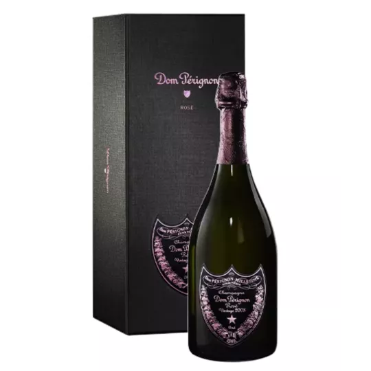 Champagnerflasche Dom Pérignon Rosé 2008 mit rosafarbenem Etikett, von vorne gesehen