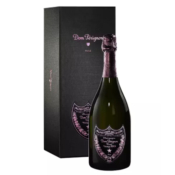 Champagnerflasche Dom Pérignon Rosé 2008 mit rosafarbenem Etikett, von vorne gesehen