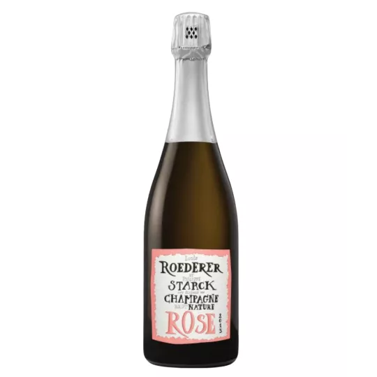Champagnerflasche Louis Roederer Starck Rosé 2015, weißes und rosafarbenes Etikett, Vorderansicht