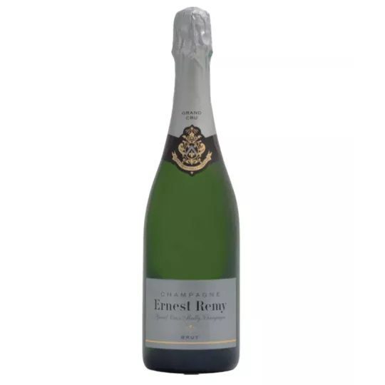 Champagnerflasche Ernest Remy Brut Blanc de Noirs, silbernes Etikett, Vorderansicht
