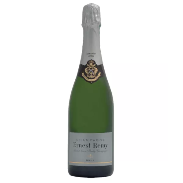 Champagnerflasche Ernest Remy Brut Blanc de Noirs, silbernes Etikett, Vorderansicht