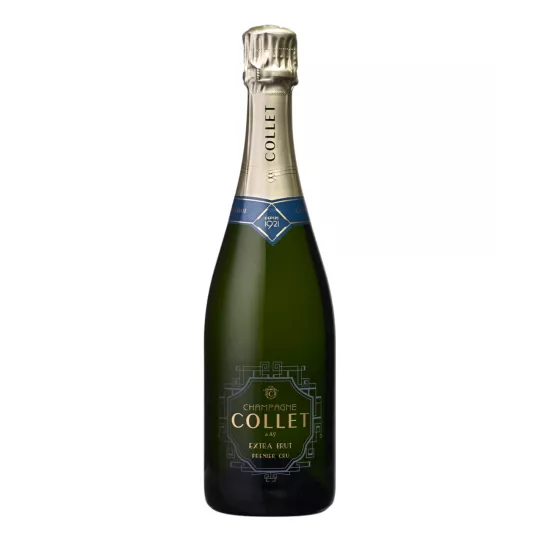 Flasche COLLET Extra Brut Premier Cru Champagner mit funkelnden Blasen