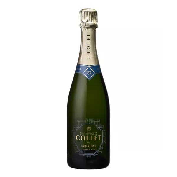 Flasche COLLET Extra Brut Premier Cru Champagner mit funkelnden Blasen