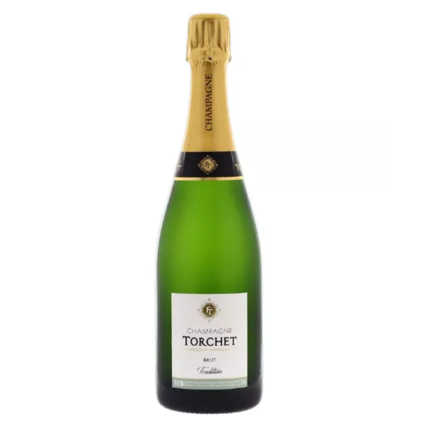 Flasche Champagne LAËTITIA TORCHET Brut Tradition wird serviert.