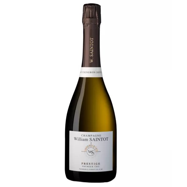 Magnumflasche Champagner William Saintot Prestige, 1,5L Flasche, weißes Etikett, goldene Kapsel, Vorderansicht