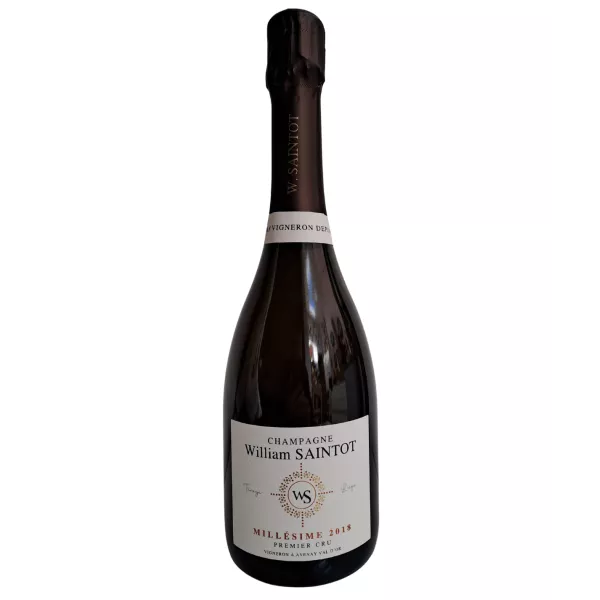 William Saintot Champagne Flasche Jahrgang 2018, weißes Etikett, Vorderansicht