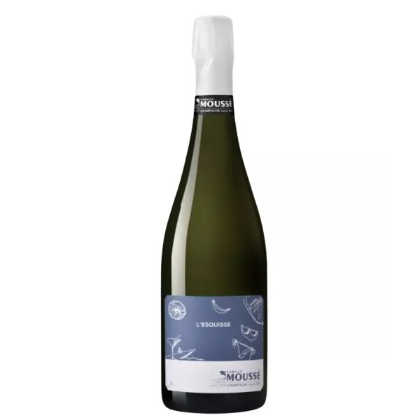 Flasche Champagne Moussé L'Esquisse, blaues Etikett, Vorderansicht