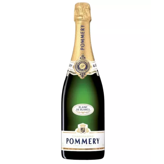 Champagnerflasche Pommery Apanage Blanc de Blancs, Vorderansicht, weißes und goldenes Etikett