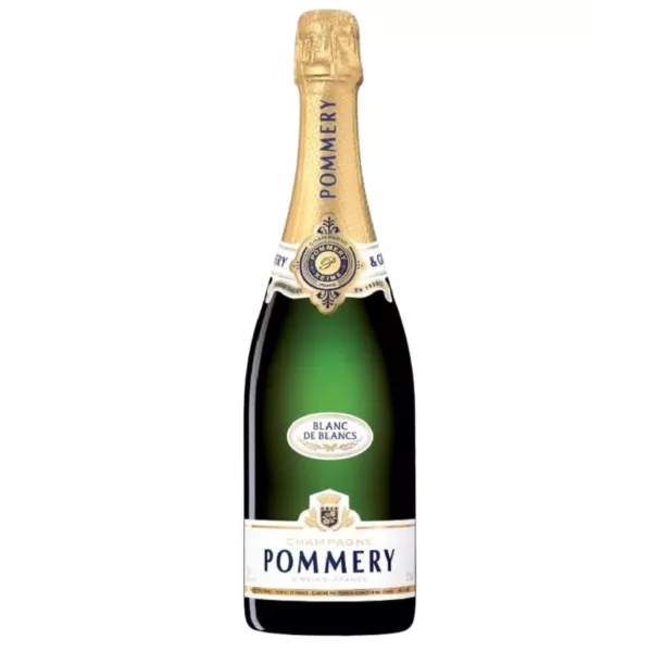 Champagnerflasche Pommery Apanage Blanc de Blancs, Vorderansicht, weißes und goldenes Etikett