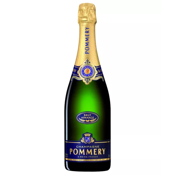 Flasche Champagne Pommery Brut Apanage, Vorderansicht, blaues und goldenes Etikett