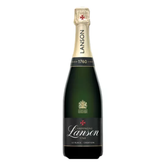 Champagnerflasche Lanson Le Black Création Brut, schwarzes Etikett, Vorderansicht
