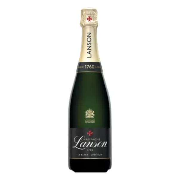 Champagnerflasche Lanson Le Black Création Brut, schwarzes Etikett, Vorderansicht