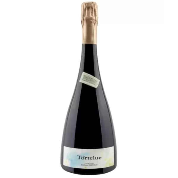Champagnerflasche William Saintot La Tortelue, weißes Etikett, goldene Kapsel, Vorderansicht