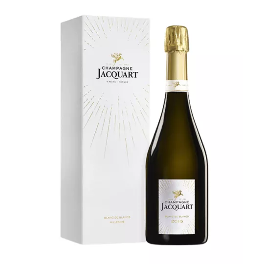 Champagne Jacquart Blanc de Blancs 2015 Flasche, Vorderansicht, weiß-goldenes Etikett, goldene Kapsel