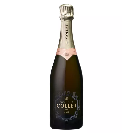 Champagne Collet Brut Rosé 75cl Flasche, Vorderansicht, schwarzes Etikett und goldene Kapsel