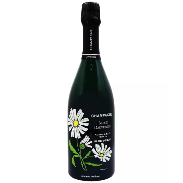 Champagnerflasche Baron Dauvergne Fine Fleur Blanc de Noirs im Magnumformat, florales Etikett, Vorderansicht.