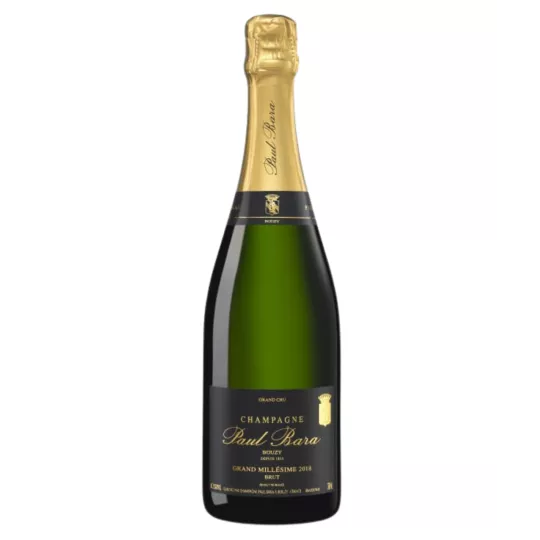 Champagnerflasche Paul Bara Grand Millésime 2018, schwarz-goldenes Etikett, Vorderansicht
