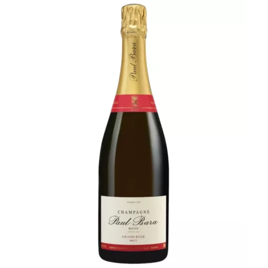 Champagnerflasche Paul Bara Grand Rosé, weißes Etikett und goldene Kapsel, Vorderansicht