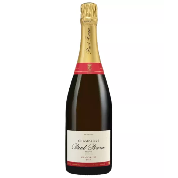 Champagnerflasche Paul Bara Grand Rosé, weißes Etikett und goldene Kapsel, Vorderansicht