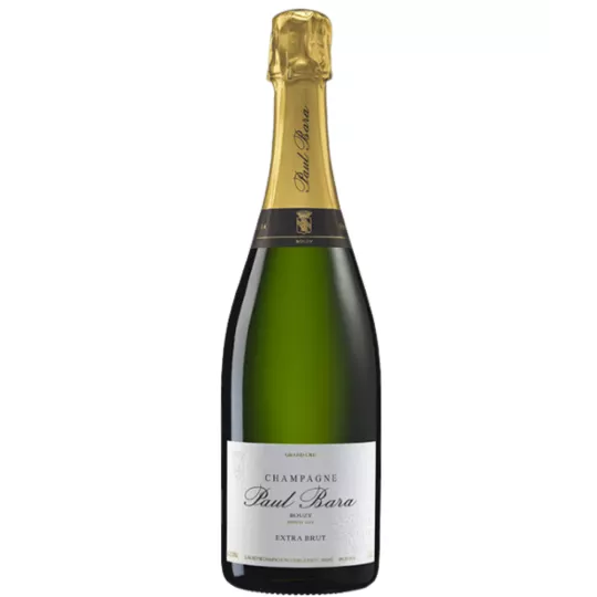 Paul Bara Extra Brut Grand Cru Champagnerflasche, Vorderansicht, weißes Etikett, goldene Kapsel