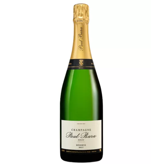 Champagnerflasche Paul Bara Brut Réserve, weißes und goldenes Etikett, Vorderansicht