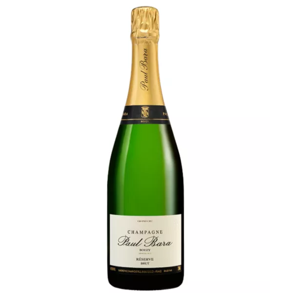 Champagnerflasche Paul Bara Brut Réserve, weißes und goldenes Etikett, Vorderansicht