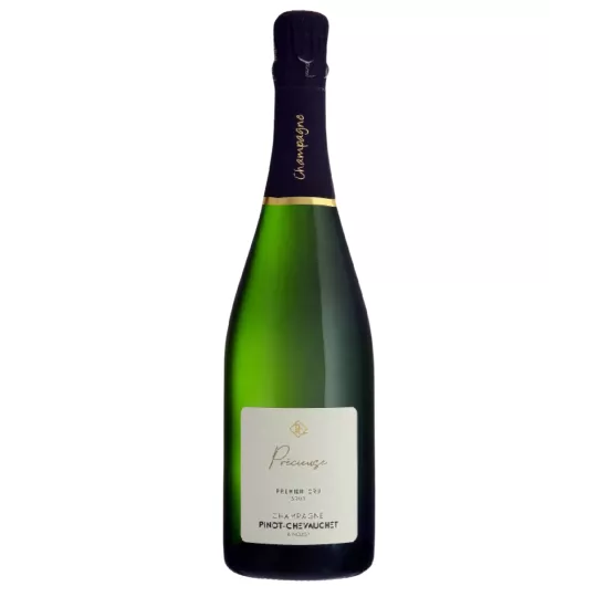 Champagne Pinot Chevauchet Précieuse Flasche, weißes Etikett und schwarze Kapsel, Vorderansicht