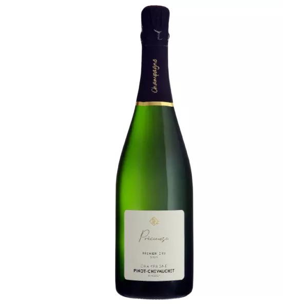 Champagne Pinot Chevauchet Précieuse Flasche, weißes Etikett und schwarze Kapsel, Vorderansicht