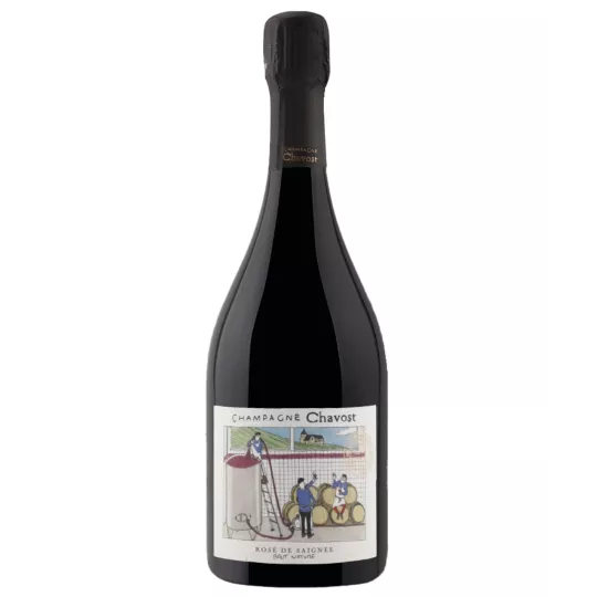 Chavost Rosé de Saignée Brut Nature Champagnerflasche, Vorderansicht, illustriertes Etikett