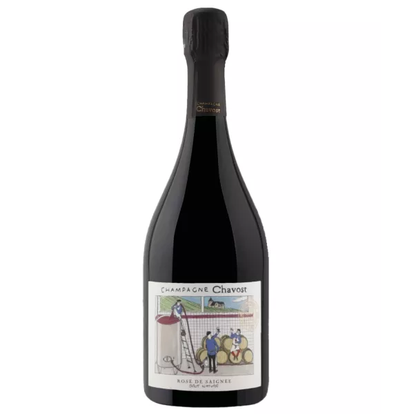 Chavost Rosé de Saignée Brut Nature Champagnerflasche, Vorderansicht, illustriertes Etikett