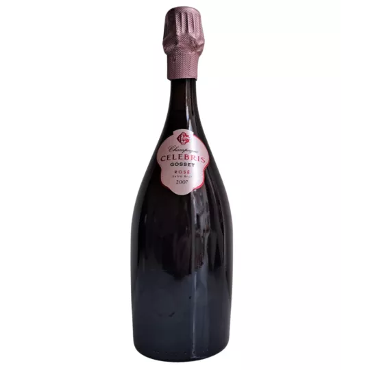 Champagnerflasche Gosset Célébris 2007 Rosé, Vorderansicht, rosa Kapsel