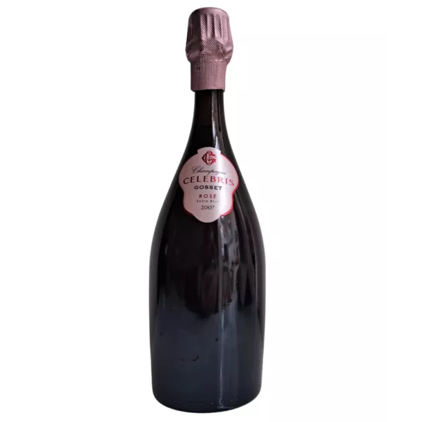 Champagnerflasche Gosset Célébris 2007 Rosé, Vorderansicht, rosa Kapsel